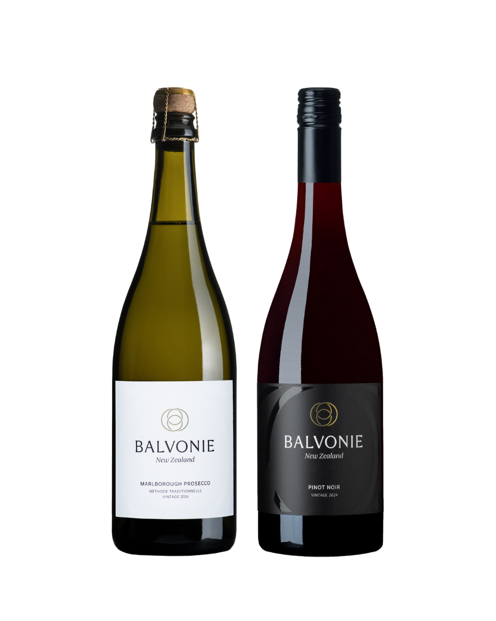 Two Balvonie wine bottles, one white and one red, on a white background